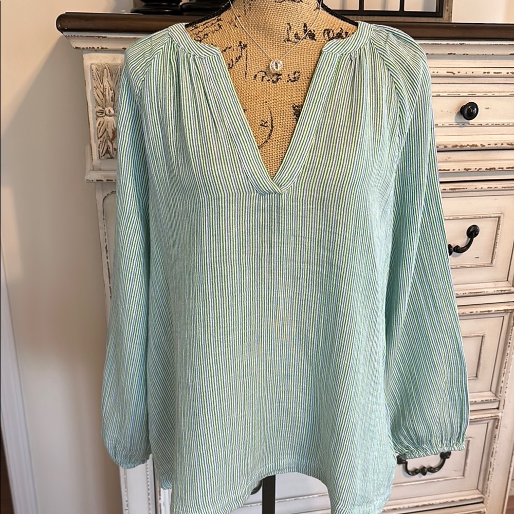 Split Neck  Striped Green Blouse